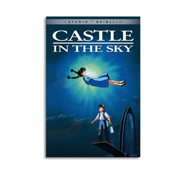 Castle in the Sky movie poster by Studio Ghibli featuring Sheeta floating and Pazu on cliff with mystical blue sky background.