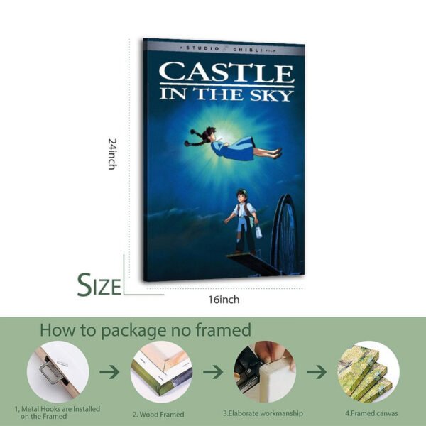Castle in the Sky 16x24 inch canvas print with step-by-step packaging process showing metal hooks, wood framing, and professional workmanship.