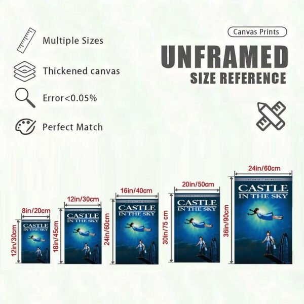 Castle in the Sky canvas print size chart showing 5 different dimensions from 8x12 inches to 24x36 inches with quality specifications.