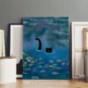 Whimsical canvas art featuring black cat swimming in Monet-inspired water lily pond with blue and green impressionistic style.