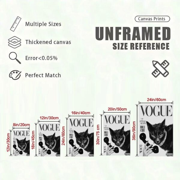 Cat Vogue canvas print size reference chart showing multiple dimensions from 8in to 24in with thickened canvas specifications.
