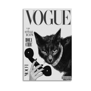 Black and white cat Vogue magazine parody wall art featuring elegant feline model with pearl jewelry in classic fashion magazine style.
