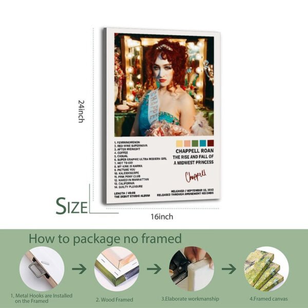 Chappell Roan "Midwest Princess" framed canvas prints in 16-inch and 24-inch sizes with wood frame, metal hooks, and professional packaging process demonstration