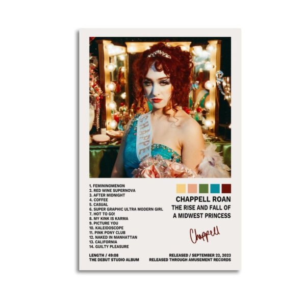 Chappell Roan "The Rise and Fall of a Midwest Princess" official album poster featuring vintage theatrical styling, complete 14-track listing, and debut studio album release information from September 2023