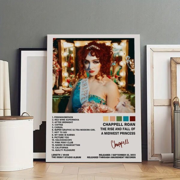 Chappell Roan "The Rise and Fall of a Midwest Princess" official album poster featuring vintage Hollywood glamour photography, complete 14-track listing including "Pink Pony Club" and "Hot To Go!", displayed in modern minimalist interior setting