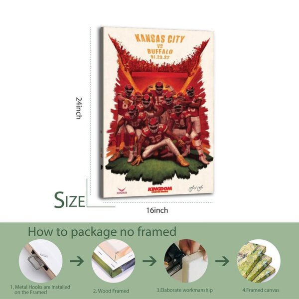 Kansas City Chiefs framed canvas print with packaging and installation process guide showing metal hooks and wood frame construction