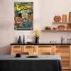 Childish Gambino vintage comic poster displayed as wall art in modern Scandinavian kitchen with wood cabinets and minimalist design.