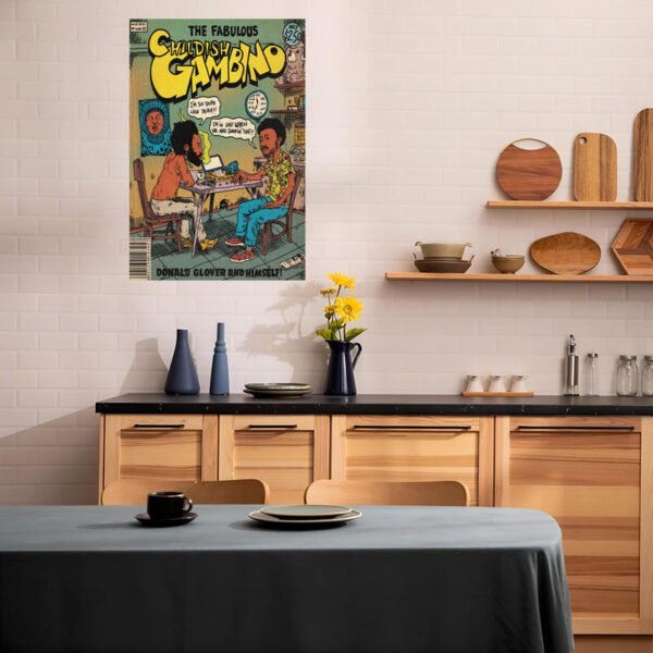 Childish Gambino vintage comic poster displayed as wall art in modern Scandinavian kitchen with wood cabinets and minimalist design.
