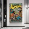 Childish Gambino vintage comic book poster displayed as wall art in modern contemporary interior with white walls and minimalist design.