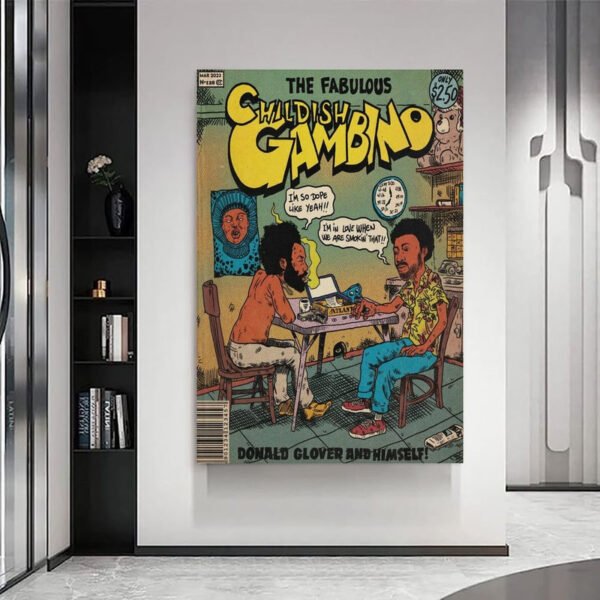 Childish Gambino vintage comic book poster displayed as wall art in modern contemporary interior with white walls and minimalist design.