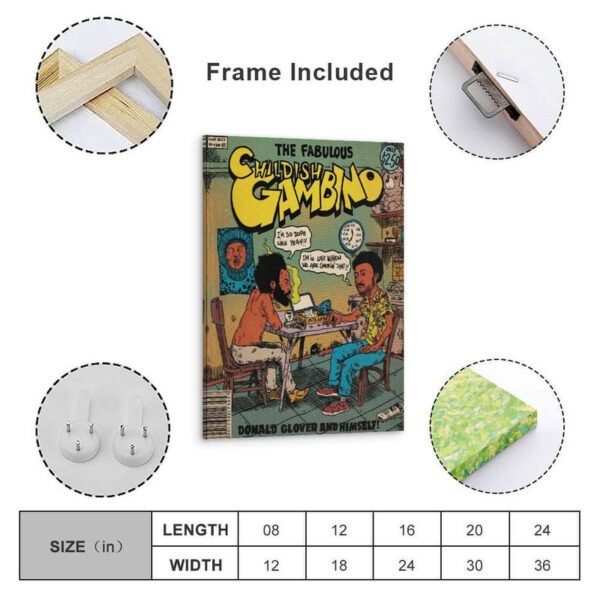 Childish Gambino framed vintage comic poster with frame included, mounting hardware, and multiple size options for ready-to-hang wall art.
