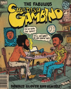 Childish Gambino vintage comic-style poster featuring Donald Glover in retro underground comix aesthetic with bold typography and vibrant colors.