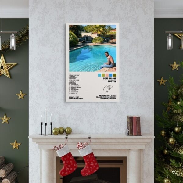 Christmas living room decor featuring Post Malone Austin album poster above fireplace with holiday decorations and green accent walls
