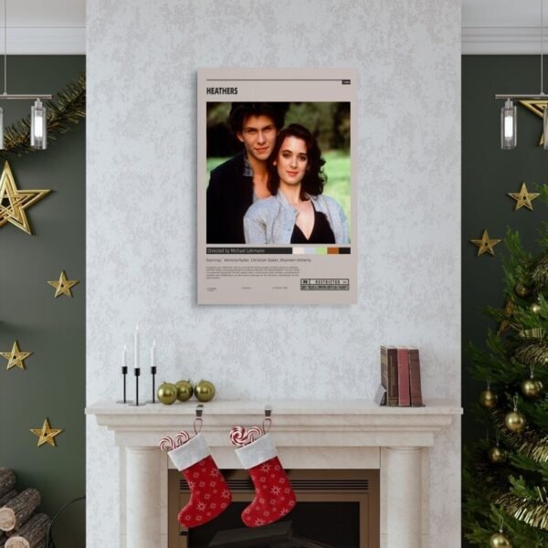 Heathers movie poster displayed above Christmas fireplace mantel with holiday stockings, gold decorations, and festive green wall decor.