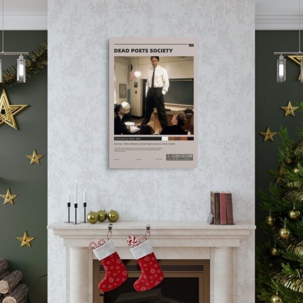 Christmas living room featuring Dead Poets Society movie poster above white marble fireplace with holiday decorations, Christmas tree, and festive home styling.