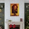 Chucky Good Guys canvas print displayed above white marble fireplace in elegant Christmas-decorated living room with green walls and gold accents