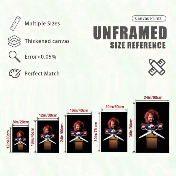 Chucky horror canvas print size reference chart showing five different unframed dimensions from 8x12 to 24x36 inches with quality specifications