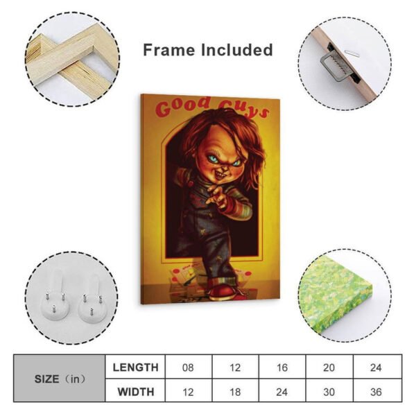 Chucky Good Guys framed canvas print with size chart showing dimensions from 8x12 to 24x36 inches, frame construction details and mounting hardware included