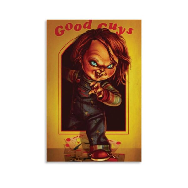 Chucky Good Guys canvas wall art print featuring iconic horror doll character in striped outfit against golden toy packaging background design