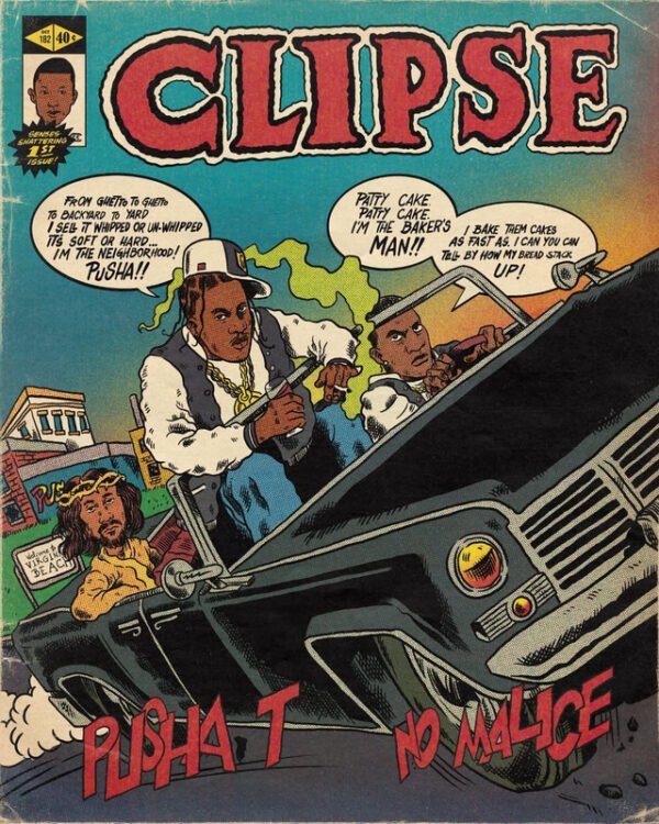 Clipse vintage comic book style poster featuring Pusha T and No Malice in retro comic art design with classic car scene and authentic comic book elements.