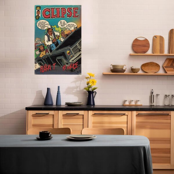 Clipse vintage comic book poster displayed as wall art in modern Scandinavian-style kitchen with wood cabinetry and minimalist design.