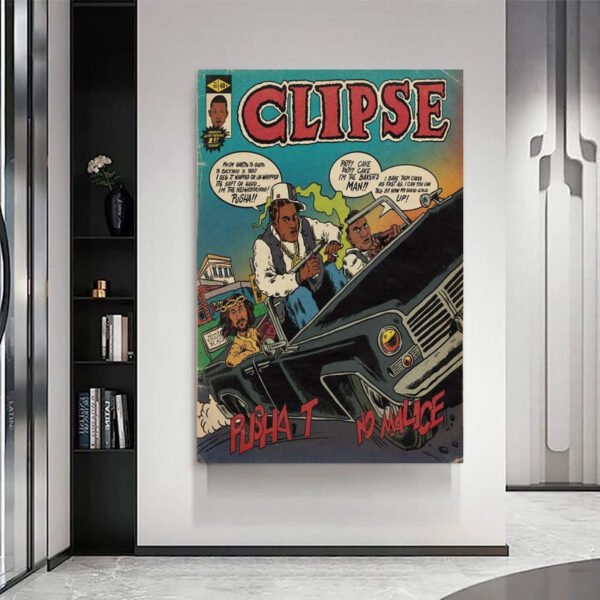 Clipse vintage comic book poster displayed as modern wall art in contemporary minimalist interior design setting.