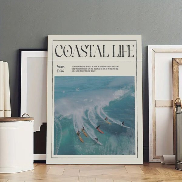 Coastal Life canvas print with Psalms 23:3,6 verse featuring aerial surf photography in modern home decor setting
