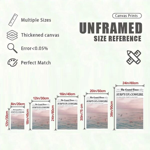Size reference chart showing five different canvas print sizes for Coastal Times Surf's Up Cowgirl artwork with quality specifications