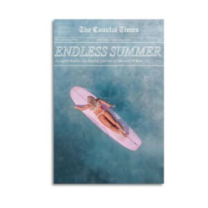 Coastal Times Endless Summer vintage newspaper canvas print featuring woman on pink float in turquoise ocean waters