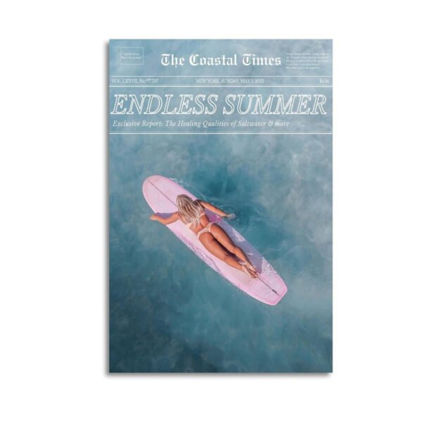 Coastal Times Endless Summer vintage newspaper canvas print featuring woman on pink float in turquoise ocean waters