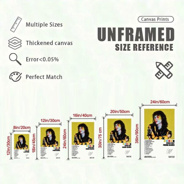 Conan Gray Found Heaven canvas print size reference chart showing 5 different unframed dimensions from 8x12 to 24x36 inches with quality specifications.