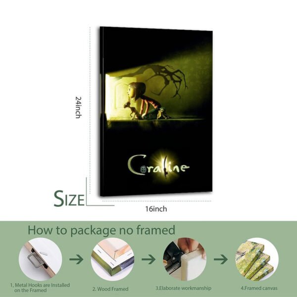 Coraline canvas print 16x24 inch size demonstration with step-by-step packaging process showing metal hooks, wood framing, and professional workmanship.