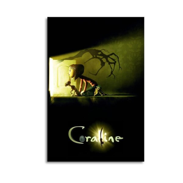 Coraline movie poster featuring the protagonist in a mysterious tunnel with shadow hands, perfect for gothic home decor.