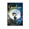 Coraline movie poster canvas print featuring the main character with blue hair and yellow raincoat against mystical moonlit background with gothic fairy tale elements.