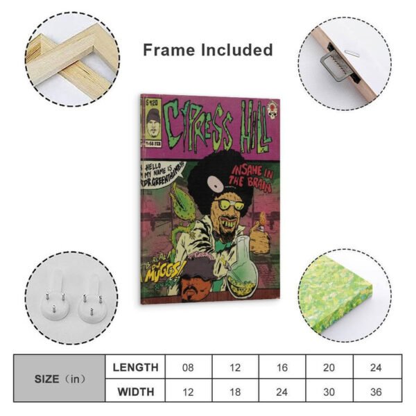 Framed Cypress Hill vintage comic poster with frame included, mounting hardware, and size chart showing multiple dimensions available for wall art decor.