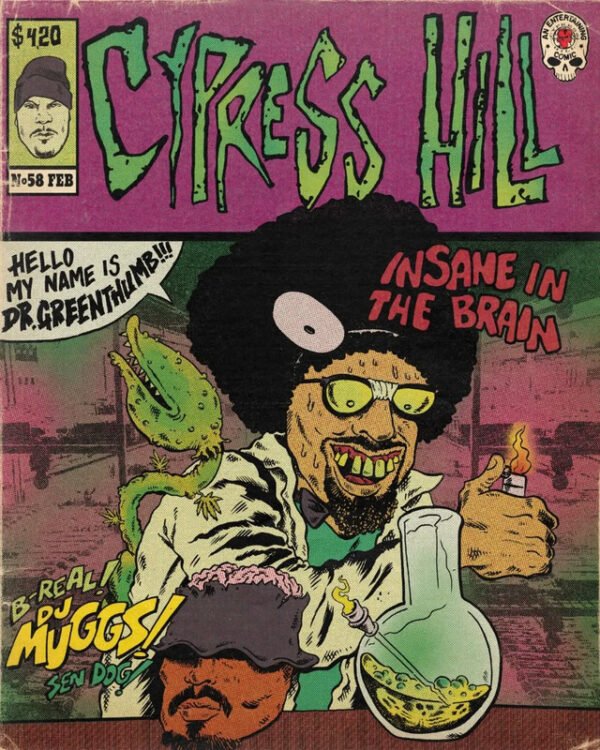 Cypress Hill vintage comic book style poster featuring psychedelic artwork with laboratory setting and hip-hop culture references from the 1990s era.