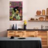 Cypress Hill vintage comic poster displayed as kitchen wall art in modern Scandinavian-style interior with wood cabinetry and ceramic accessories.