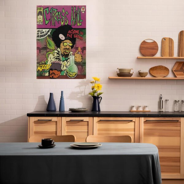 Cypress Hill vintage comic poster displayed as kitchen wall art in modern Scandinavian-style interior with wood cabinetry and ceramic accessories.