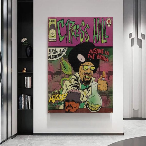 Cypress Hill vintage comic book poster displayed as sophisticated wall art in modern minimalist interior with built-in shelving.