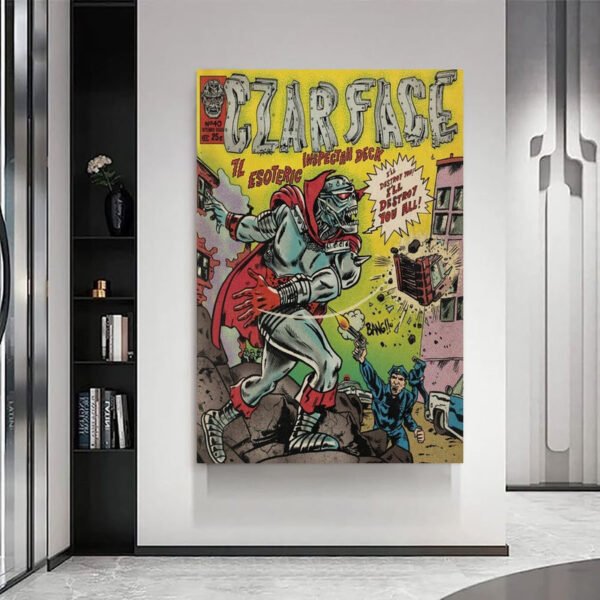 CZARFACE vintage comic poster displayed in modern minimalist interior with white walls and contemporary furniture.