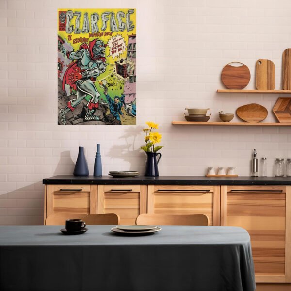 CZARFACE vintage comic poster displayed in modern Scandinavian kitchen with wood cabinets and contemporary styling.