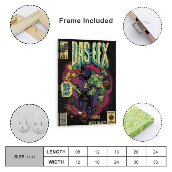 Das EFX vintage comic book poster with frame included, showing multiple sizes and complete installation package for wall art display.