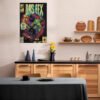Das EFX vintage comic book poster displayed as kitchen wall art in modern Scandinavian-style kitchen with wood cabinets and dining area.
