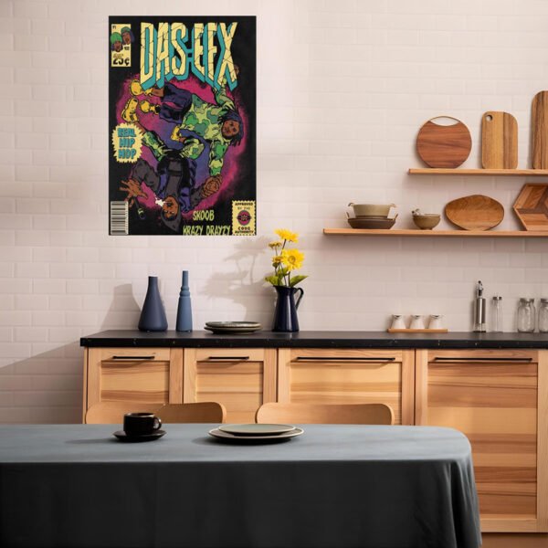 Das EFX vintage comic book poster displayed as kitchen wall art in modern Scandinavian-style kitchen with wood cabinets and dining area.