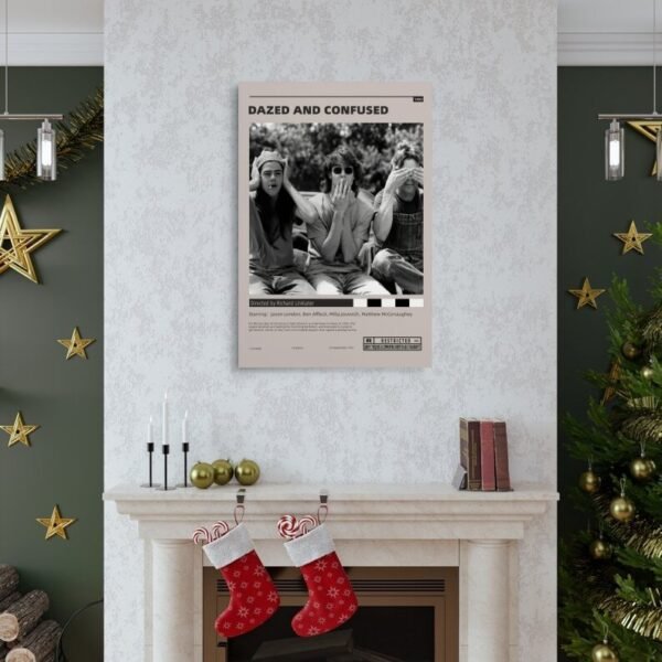 Dazed and Confused movie poster displayed above white marble fireplace mantel in modern living room with Christmas decorations, green accent walls, and holiday styling.