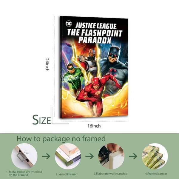 DC Justice League Flashpoint Paradox 24x16 inch canvas print with 4-step packaging process showing metal hooks, wood framing, workmanship and final framed canvas.