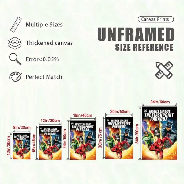 DC Justice League Flashpoint Paradox canvas print size reference chart showing 5 different dimensions from 8x12 to 24x36 inches with quality specifications.