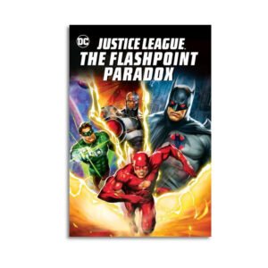 DC Justice League Flashpoint Paradox canvas art featuring Flash, Batman, Green Lantern and Cyborg with lightning effects.