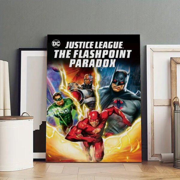DC Justice League Flashpoint Paradox canvas print displayed in professional art studio with The Flash, Batman, Green Lantern and Cyborg.