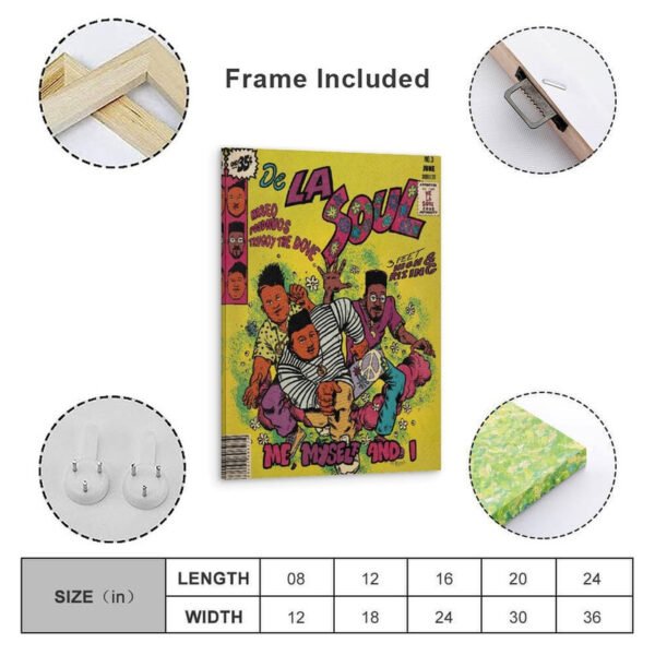 De La Soul vintage comic poster with frame included, multiple sizes available, ready to hang wall art with size chart specifications.